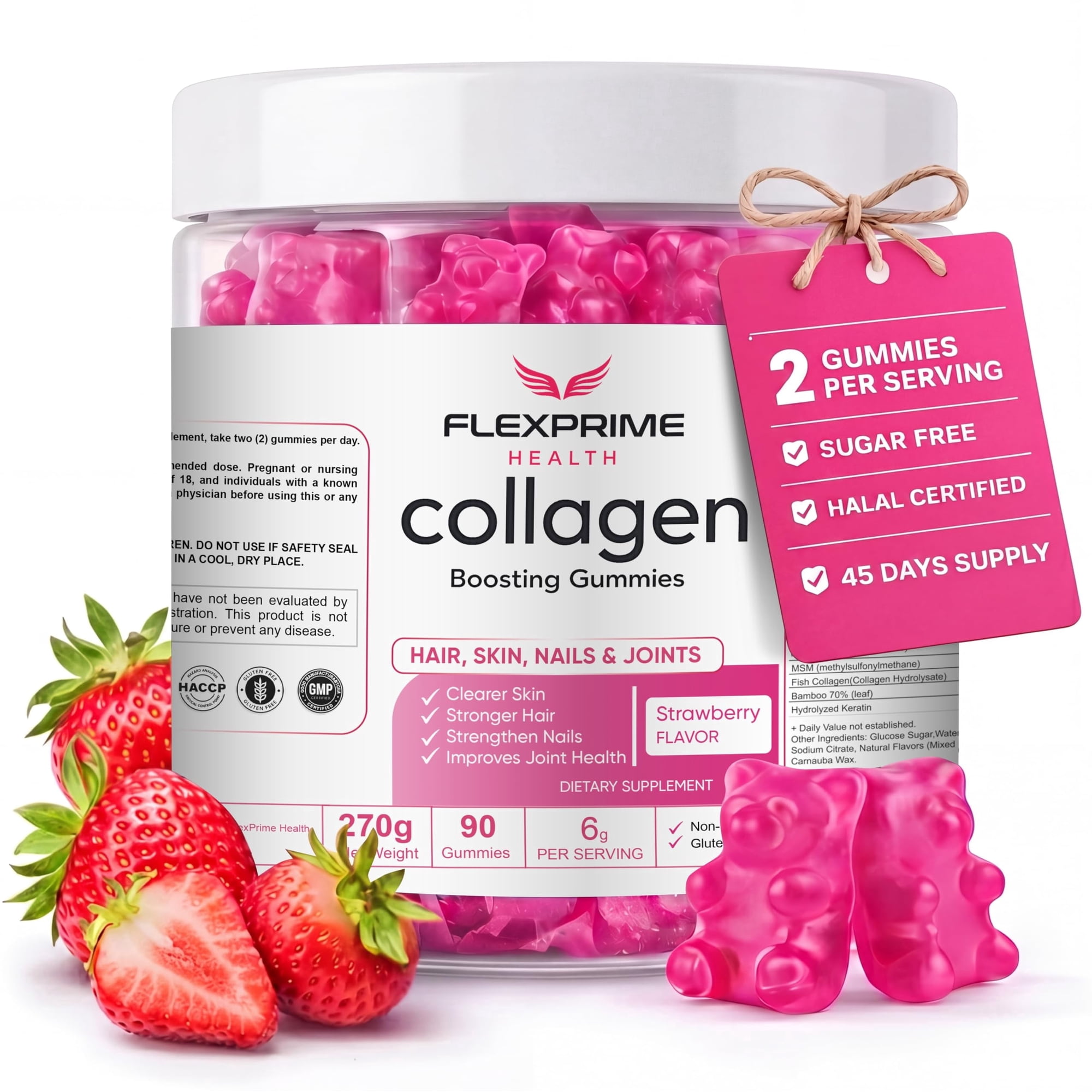 FlexPrime Collagen Gummies for Women & Men with Biotin, Hyaluronic Acid & Vitamin C - Hair, Skin & Nails Support | Sugar Free, Halal, Non-GMO Strawberry Chews | 90 Count