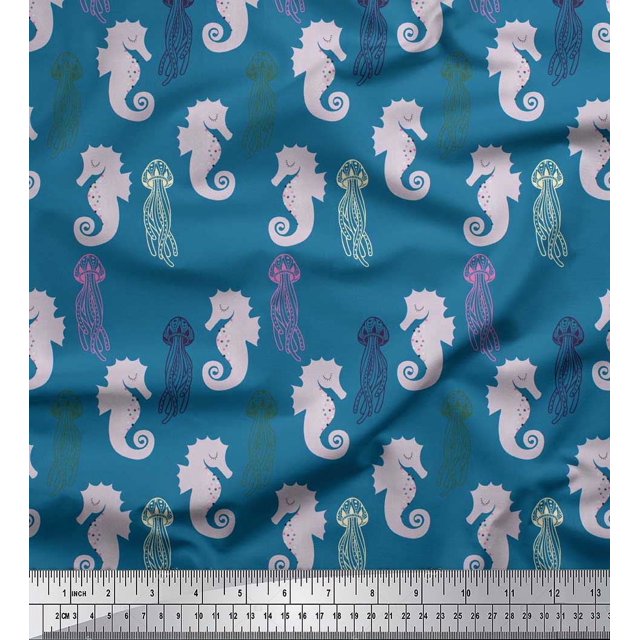 Soimoi Rayon Fabric Jellyfish & Seahorse Ocean Print Fabric by The Yard 42 Inch Wide