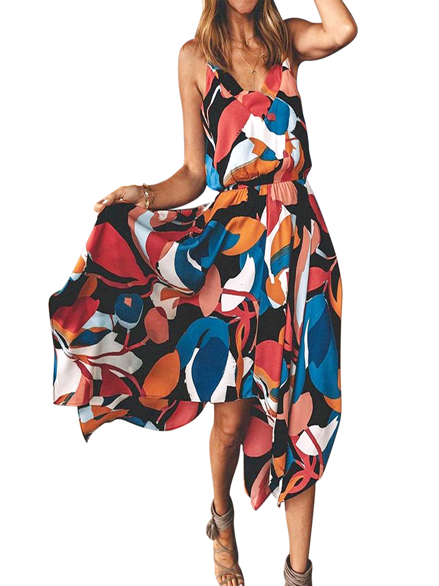 Long Maxi Dress for Women Casual V Neck Flame Printed Boho Sleeveless Cami Dresses Ruffle Irregular Hem Sundress 