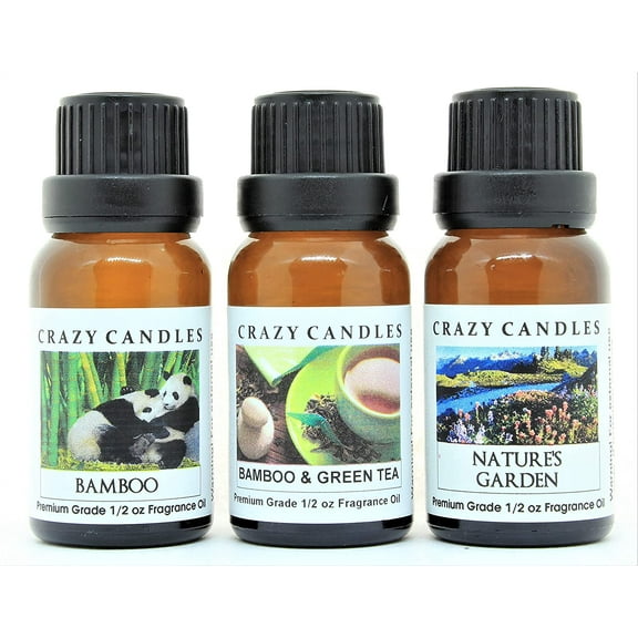 Crazy Candles 3 Bottles Set, 1 Bamboo, 1 Bamboo & Green Tea, 1 Natures Garden 1/2 Fl Oz Each (15ml) Premium Grade Scented Fragrance Oils