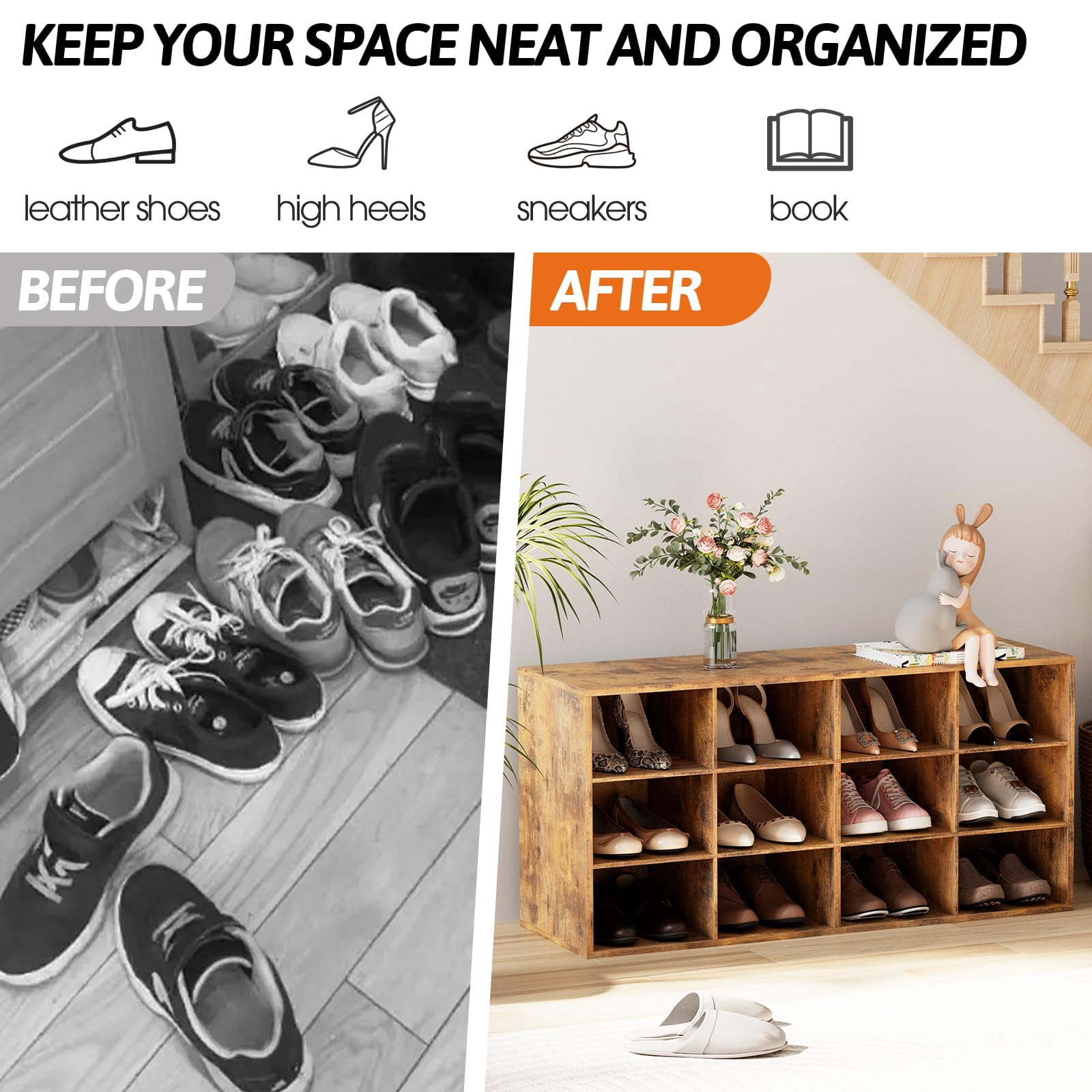 Shoe Storage Bench, Cubby Shoe Rack with 12 Cubbies, 3-Tier Wood Shoe Rack Organizer, Shoe Organizer Cabinet for Entryway, Hallway, Closet and Garage, Brown