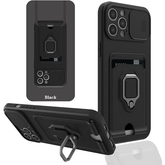 Designed for iPhone 13 Pro Case with Camera Cover & Kickstand, Slide Lens Protection   Magnetic Ring Stand, Crossbody Strap,6.1 Inch,Black