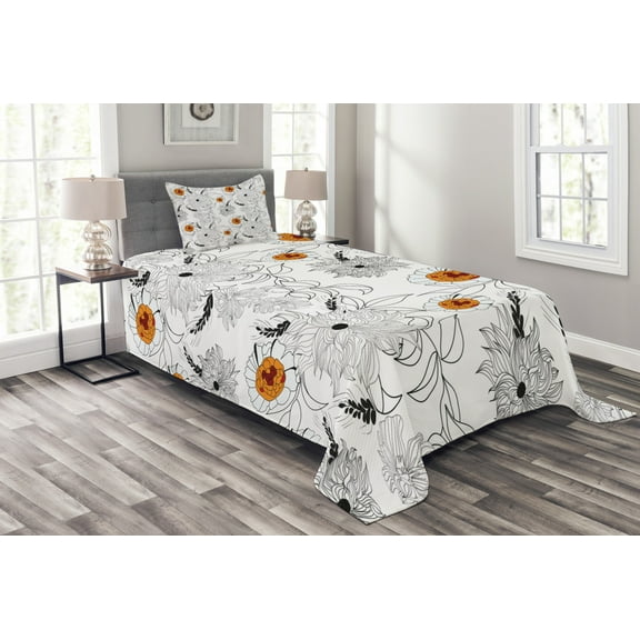 Ambesonne Floral Quilted Bedspread Set 2 Pcs, Flower Petals Growth, Twin Size, Pale Blue Orange