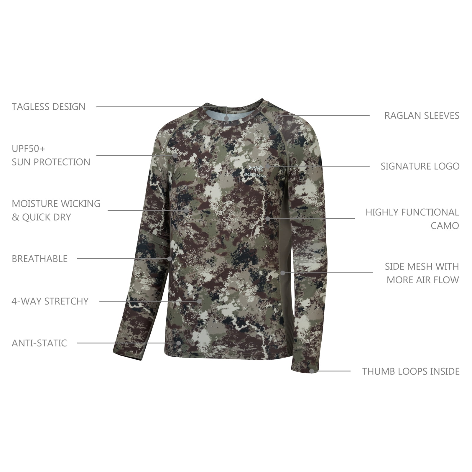 Bassdash FS13M Men's Hunting Camo Performance Long Sleeve Shirt Fishing UPF50+