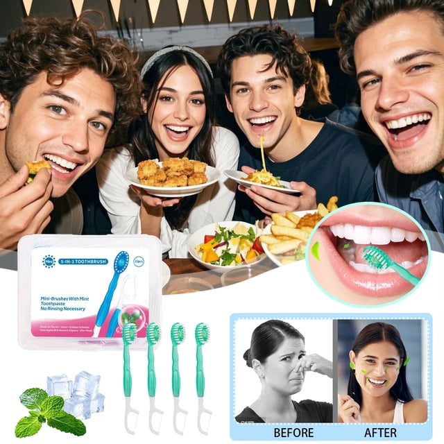 Fiudx Cepillo de Dientes 5 En 1, Compacto de Viaje con Hilo Dental y Raspador de Lengua, Minicepillo Sin Enjuague con Pasta de Dientes, Cuidado Bucal para Viajes, Oficina o Camping, Sabores Variados