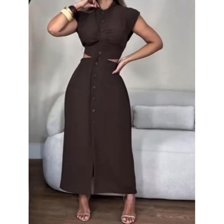 seroya denim dress Linda – colour:Black Cotton Partial button placket color filter:Brown Trendy New Long Frock