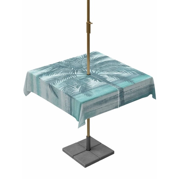 Square Outdoor Tablecloth with Umbrella Hole Teal Palm Tree Table Cloth Waterproof Patio Table Cover Coastal Tropical Trees Vintage Summer Zipper Tablecloths for Picnic Party Camping 60x60 Inch