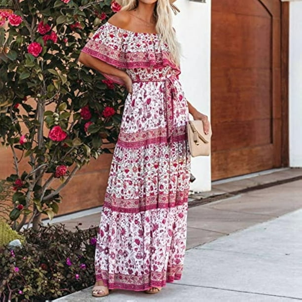 WILLBEST Vestido Largo Bohemio Con Hombros Descubiertos Y Estampado Floral: Elegante Vestido Largo Informal Para Mujer, Ideal Para Playa.