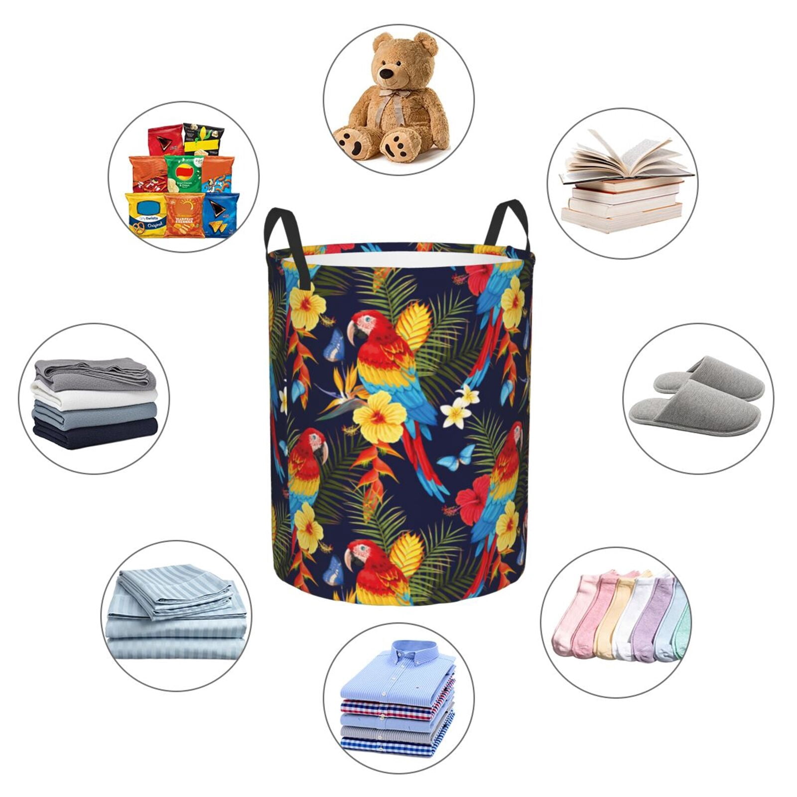 Large Laundry Basket with Handles - Colorful Parrot Flower Palm Leaves Kids Baby Dirty Clothes Laundry Hamper for Bedroom Aesthetic