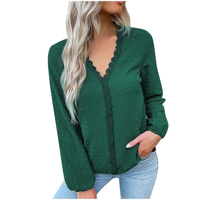 Timegard Flowy Tops for Women Lace V Neck Long Sleeve Solid Color Beach Travel Loose Tops Fall Casual