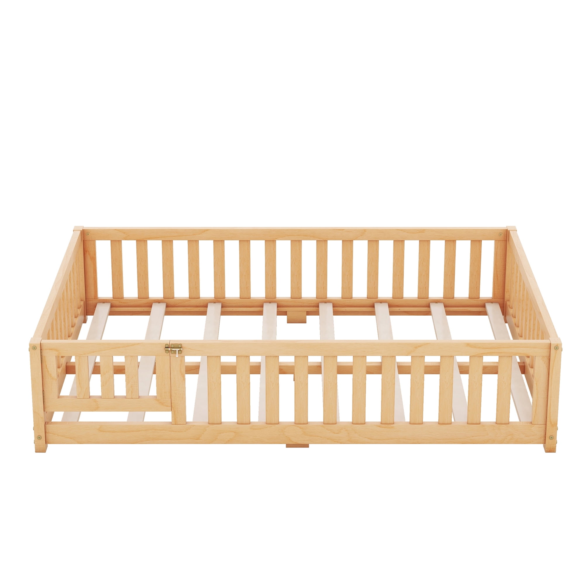 DEALTOPS Full Size Floor Bed with Safety Guardrails and Door Montessori Wood Bed Frame for Kids, Natural