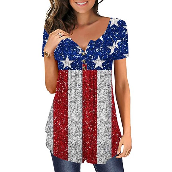 Warop Women's Patriotic V-Neck Button-Up Shirt, Slimming Short Sleeve Blouse for Independence Day and Casual Wear