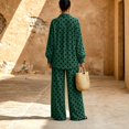 thumbnail image 4 of Szluipve Women Polka Dot 2 Piece Outfits Long Sleeve Button‑Down Shirt & Elastic Waist Wide Leg Pants Casual Beach Matching Set Dark Green M, 4 of 8
