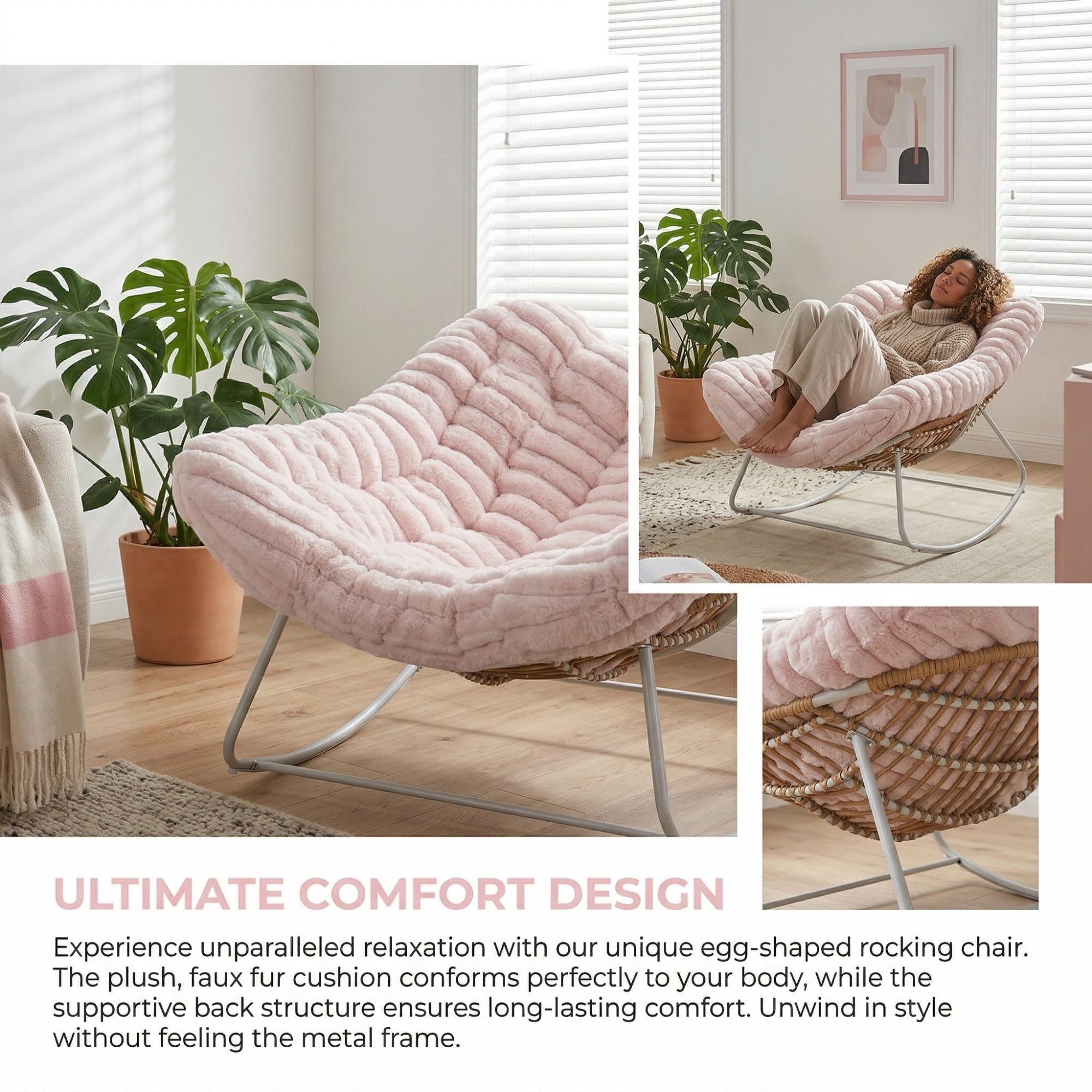 Papasan Rocking Chair Oversized, Rattan Outdoor Rocker with Deep Seat Thick Cushion, Patio Rocking Chair for Porch Bedroom Garden, Pink & White