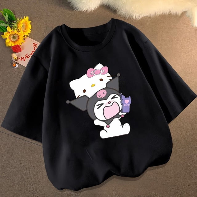Sanrios Kawaii Anime Kuromi Hello Kitty, camiseta de manga corta de algodón con dibujos animados para niños, parte inferior de cuello redondo, Top de verano, regalo