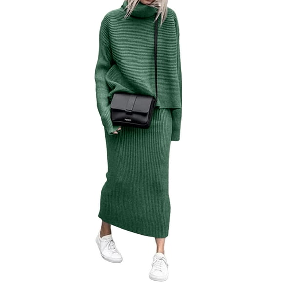LUXUR Ladies 2 Piece Outfits Knitted Sweaters Dress Sets Turtle Neck Sweater Top And Skirt Set Casual Solid Color Green 2XL