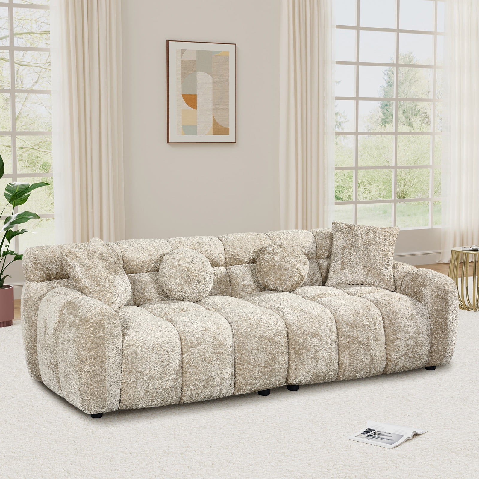 Wiilayok 87.3" Modern Tufted Upholstered Fluffy Chenille 3 Seater Sofa with 4 Pillows，Comfy Sherpa Deep Seat Cloud Couch, Small Love Seat for Living Room Apartment, Light Brown