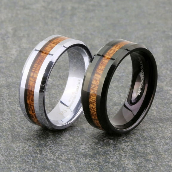 MJ Metals Jewelry Unisex White Tungsten Carbide 8mm Wedding Band with Real Koa Wood Inlay Ring Size 8