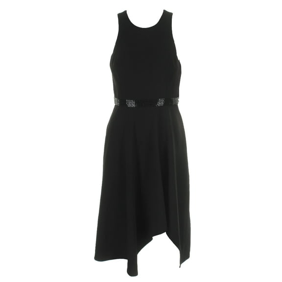 Calvin Klein Black Sleeveless Asymmetrical-Hem Beaded Waist Fit & Flare Dress 2