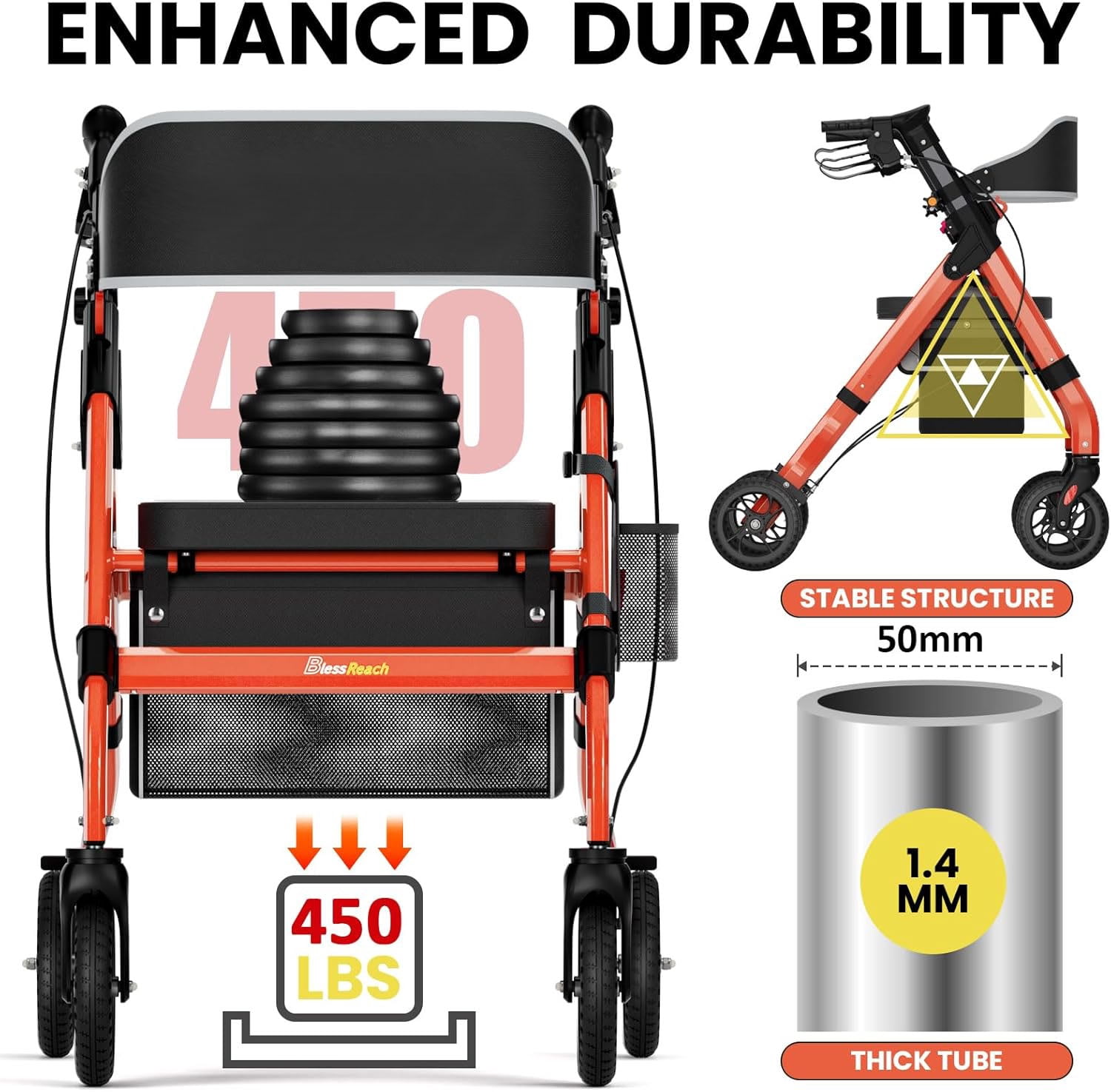 Leumius Foldable Rollator Walkers with Seat for Seniors,18" Big Seat Heavy-Duty Aluminum Rolling Walker with 6-Position Adjustable Height,450lb Capacity