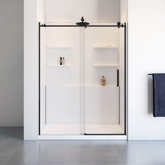 62" x 32" Alcove Sliding Shower Kit – 8 mm Clear Tempered Glass, Chrome Frame, Acrylic Walls with Built‑In Shelves & Side‑Drain Base