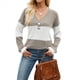 thumbnail image 3 of Camiseta Holgada con Botones y Cuello en V de Larga para Mujer, Otoño e Invierno 2025, con Contraste de Color Caqui M, 3 of 10