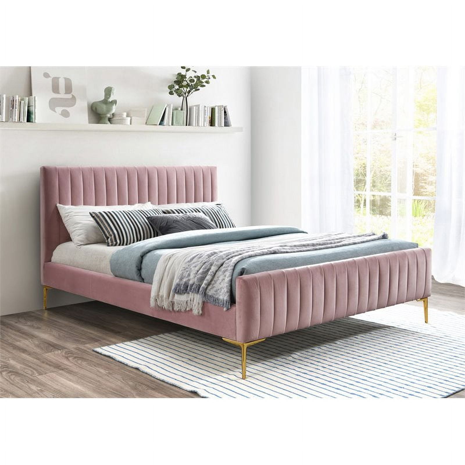 Omax Decor Julia Wood and Fabric Upholstered Queen Platform Bed in 