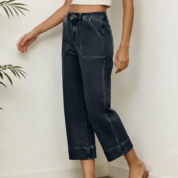 Jeans for Women Casual Stretchy Denim Pants Cropped Ankle Length Straight Leg Capris Jeans for Women (Grey L)
