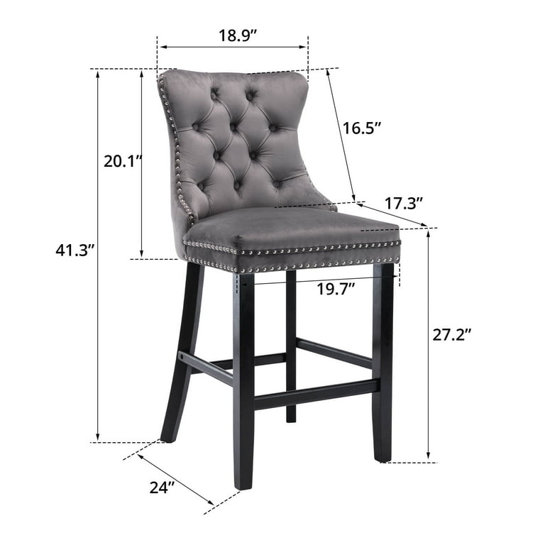 Velvet Bar Stools Set of 2 Modern Tufted Upholstered Counter Chairs with Rivet Button Trim and Footrest Gray Walmart