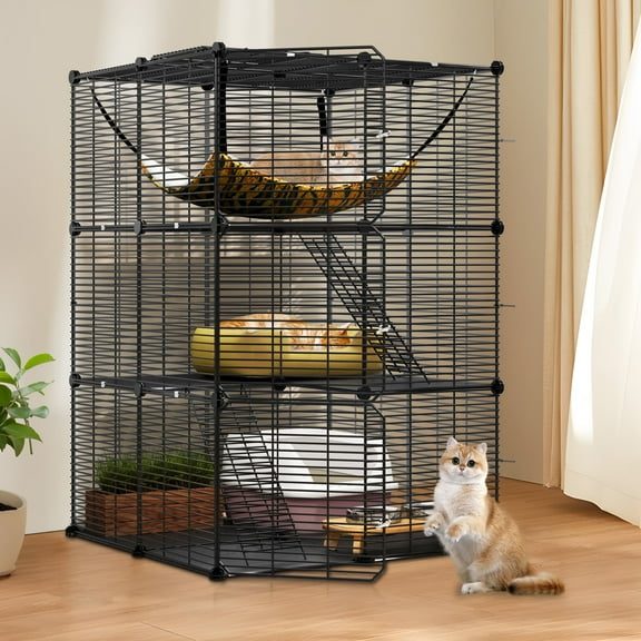Dextrus Indoor Cat Cage with Hammock, 28"L x 28"W x 41"H DIY Pet Enclosure (Black)