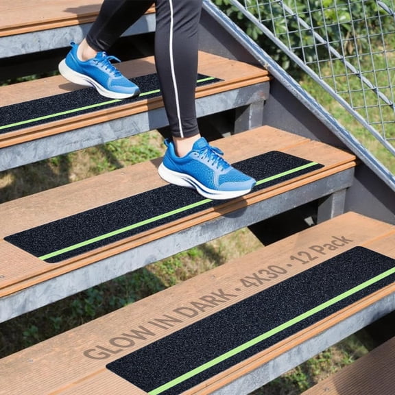 12-Pack 4”x30” Anti Slip Tape with Glow in the Dark Stripe, Pre-Cut Stair Treads Non Traction for Outdoor/Indoor, Waterproof Skid Step, Easy to Install