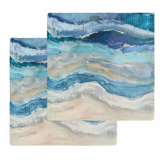 Blue Coastal Kitchen Dish Towels for Drying Dishes Set of 2, Summer Beach Nautical Abstract Art Waffle Weave Microfiber Hand Tea Bathroom Towels Quick Dry & Absorbent Towel 12x12