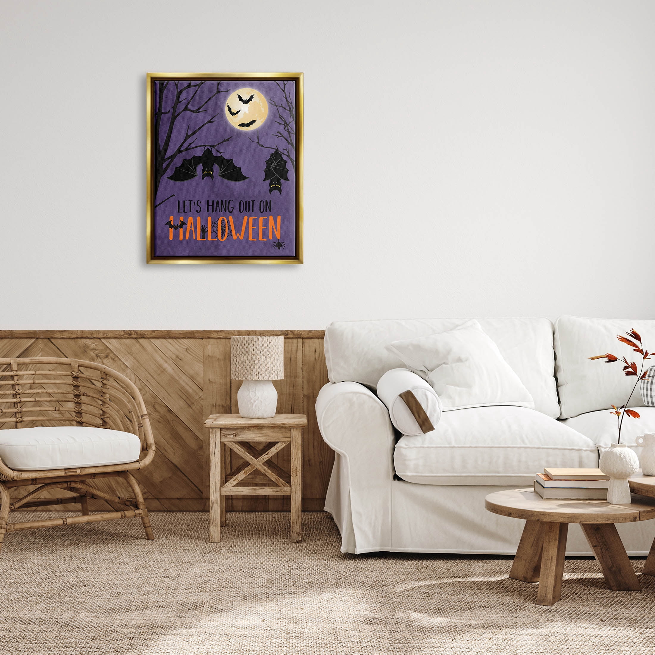 Stupell Industries Let's Hang Halloween Bats Graphic Art Metallic Gold Floating Framed Canvas Print Wall Art, Design by Linda Birtel