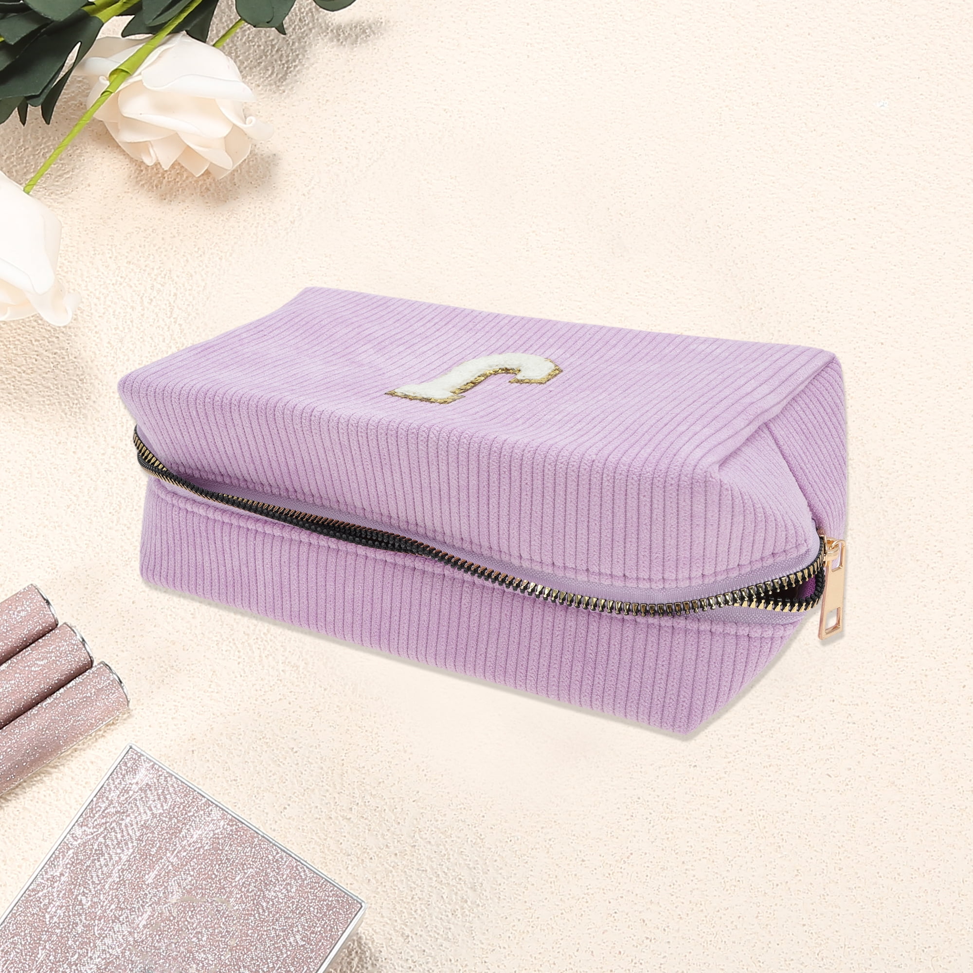 Unique Bargains 1 Pc Corduroy Rectangular Letter Makeup Bag Pink Purple [Letter J]