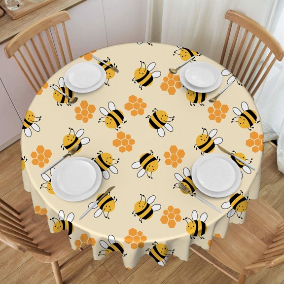 Round Tablecloth 60 Inch, Cute Little Bees Waterproof Heat Resistant Table Cloth Cover for Kitchen Dining Indoor Outdoor Farmhouse Decor