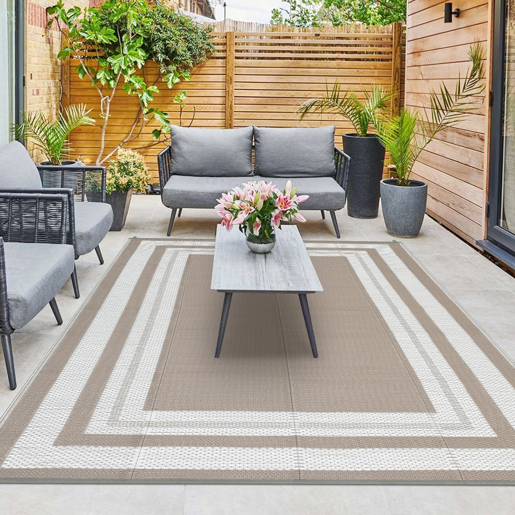 Gavee 8'x10' Waterproof Outdoor Rug, Reversible Patio Area Rug Indoor Outdoor Carpet, Plastic Modern Geometric Carpet for RV Camping Deck Balcony, Porch, Picnic, with Storage Bag, Gray and Brown