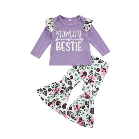 

Licupiee Newborn Baby Girl Clothes Set Ruffle Sleeve Tops + Floral Leopard Print Long Bell Bottom Pants Outfit