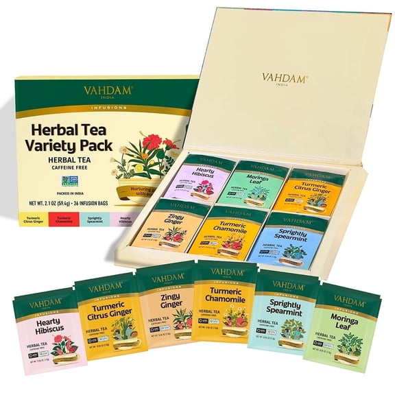 VAHDAM, Assorted Herbal Tea Gift Set (36 Tea Bags, 6 Flavors) Caffeine-Free, Non-GMO | Double Infusion, Individually Enveloped Tea Bags | Herbal Tea variety Pack | Tea Gifts for Women & Men