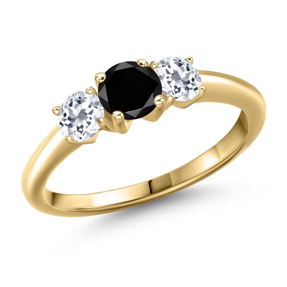 Gem Stone King 10K Yellow Gold Black Diamond and White Topaz Engagement Ring for Women | 1.21 Cttw | Round 5MM | Gemstone April Birthstone | Size 7