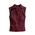 thumbnail image 4 of Women's Cotton Pleated Collared Tank Top Summer Trendy Button Down Sleeveless Blouses Elegant Work Office Tops Red, 4 of 9