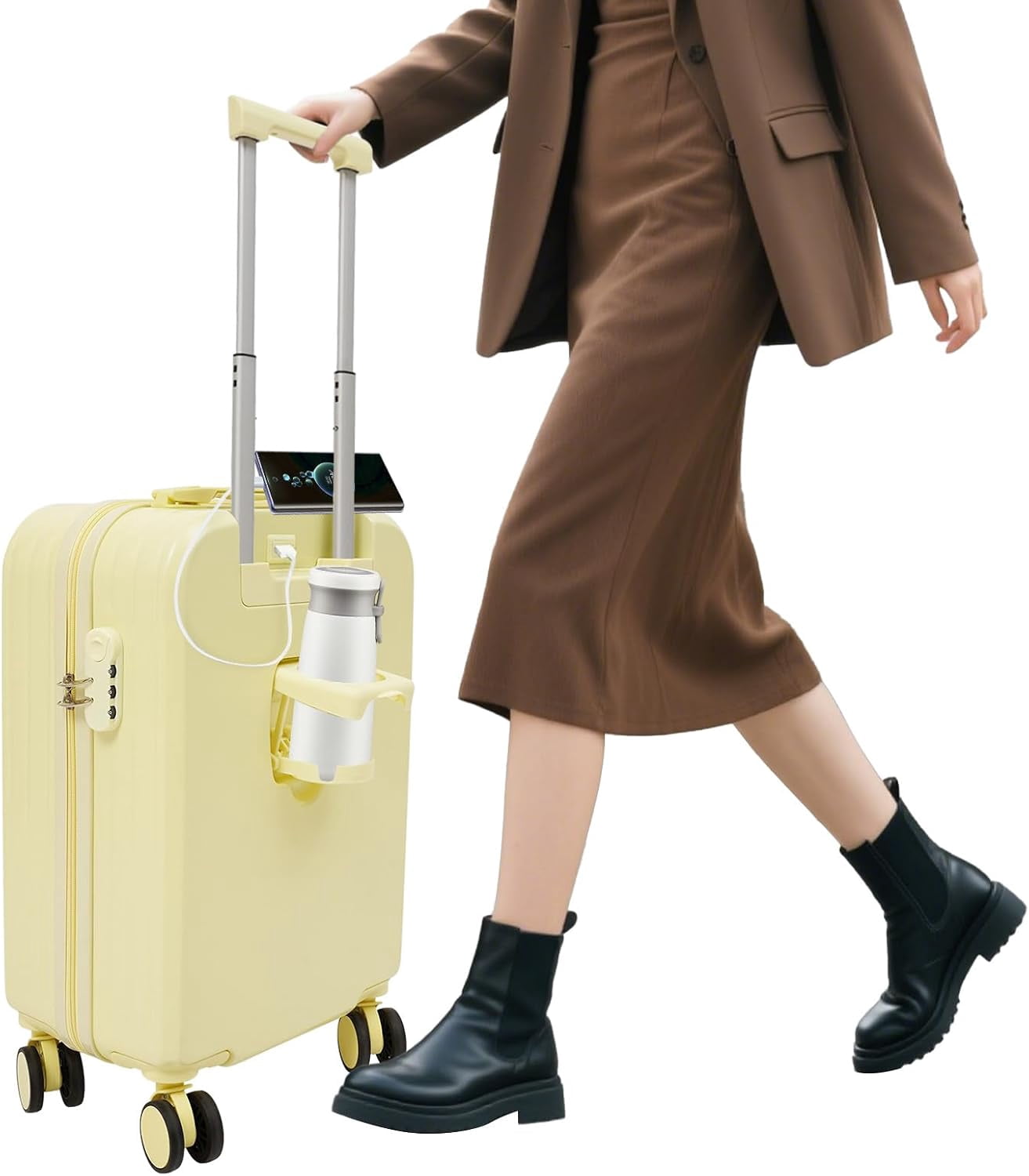 20 Inch Luggage Carry on Suitcase, with Wheels with Cup Holder for Travel Woman Men, Light Yello