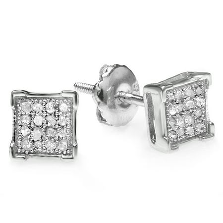 Dazzlingrock Collection 0.06 Carat (ctw) White Diamond V Prong Square Mens Hip Hop Iced Stud Earrings, Sterling Silver