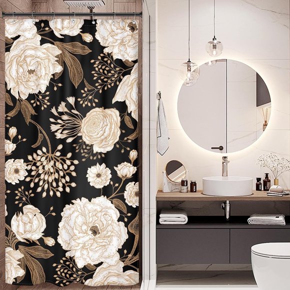Rideau de Douche Petit Stand RV Noir Or 36Wx72H Vintage Boho Pivoine Fleur Rideau de Salle de Bain Simple pour Femmes Rideau de Bain Floral Rustique Tissu Décor de Salle de Bain Fleur de Printemps avec 7 Crochets