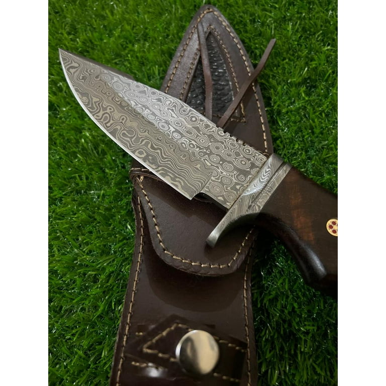 Yazoo Knives Handmade Damascus Buck Hunting Knife with Leather