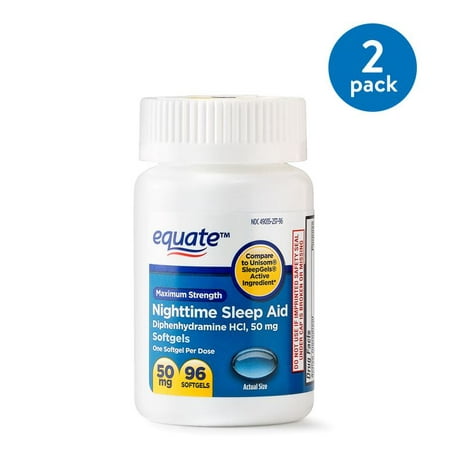 - (2 Pack) Equate Maximum Strength Nighttime Sleep Aid Softgels, 50 mg, 96 Ct