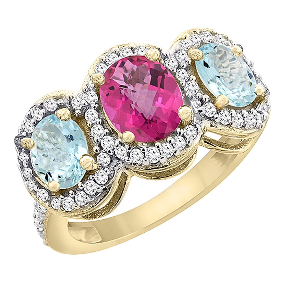 14K Yellow Gold Natural Pink Sapphire & Aquamarine 3-Stone Ring Oval Diamond Accent, size 5.5 by Gabriella Gold