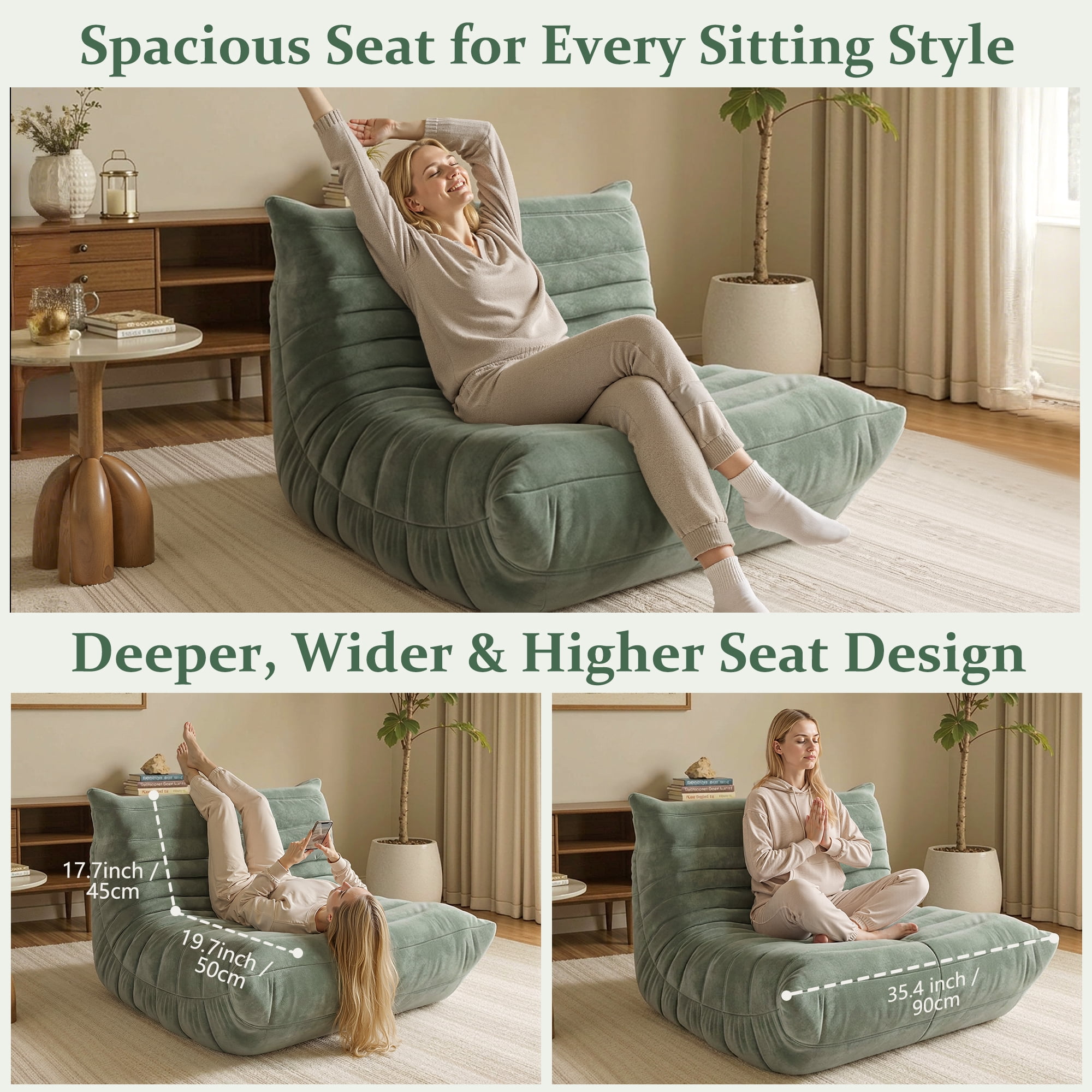 LineCrispton Memory Foam Bean Bag Chair for Adults, Luxury Fabric Compressed Sofa in a Box, Light Green, Single