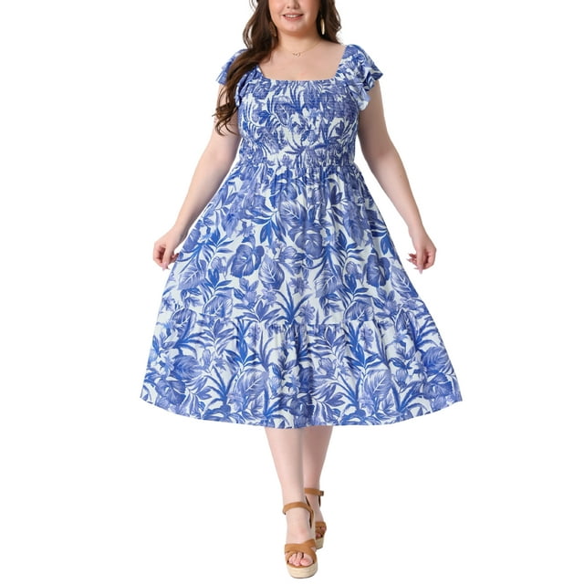 GRACE & GRANDEUR Vestidos de Talla Grande para Mujeres Cuello Cuadrado Manga Corta Fruncido Flowy Vestido Midi de Verano 2X Azul