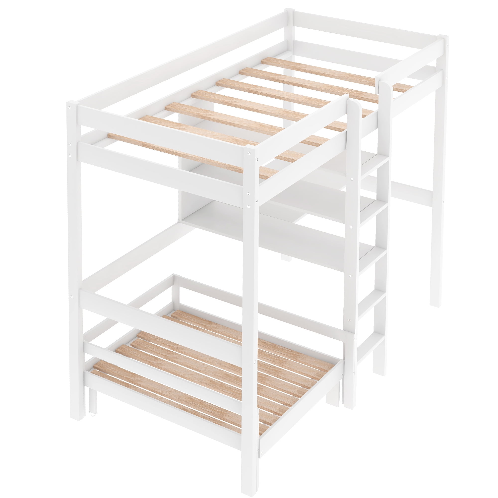 Private Jungle Twin Over Full Wood Folding Loft Bunk Bed w/Corner Desk, Convertible to Square Seat
