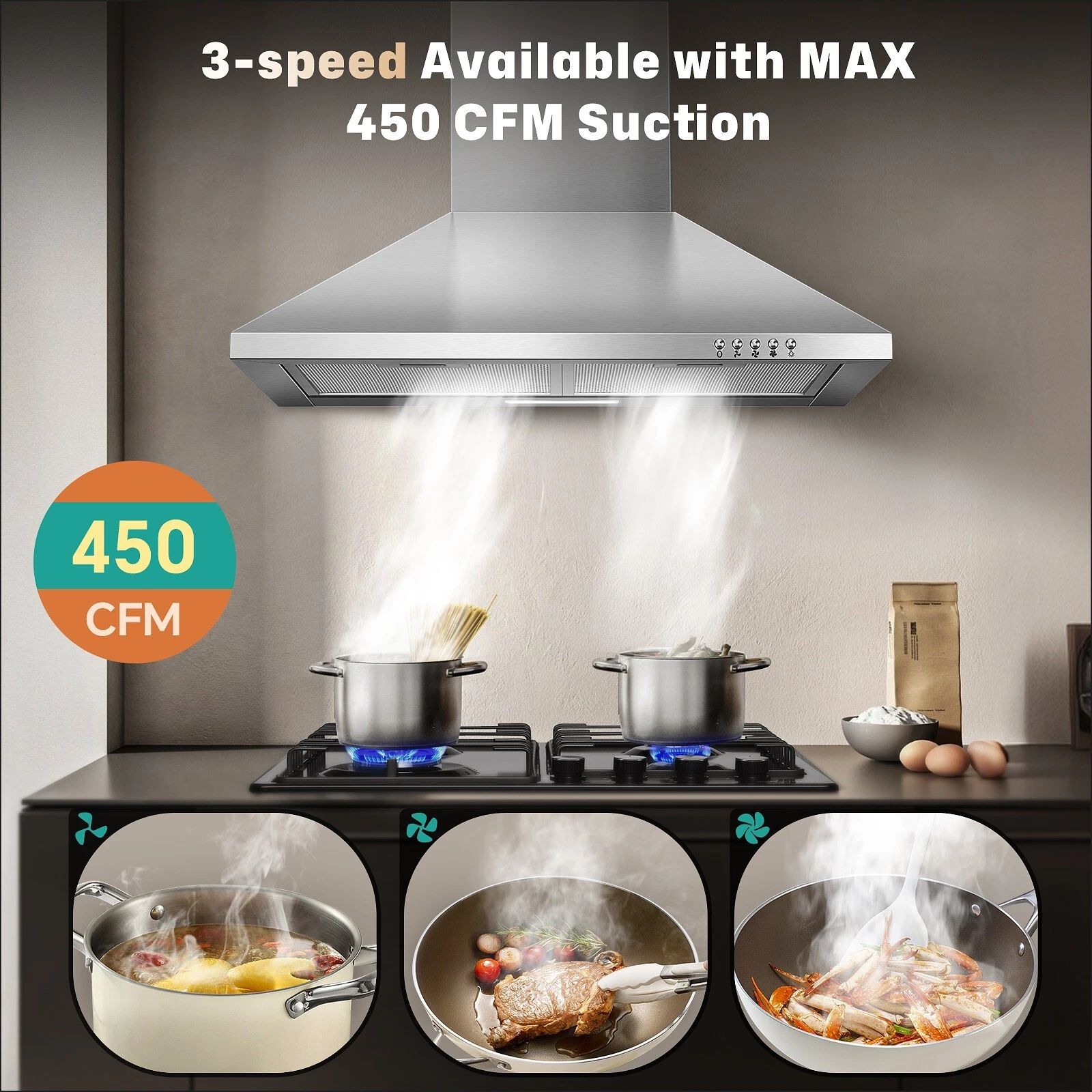 Range Hood 24 inch Range Hood Stainless Steel Oven Vent Hood,Wall Mount Kitchen Hood,Ducted/Ductless Chimney-Style Kitchen Exhaust Hood with Push Button Control,Stove Vent Hood with 3-speed Fan